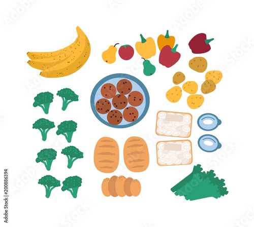 Collection of discarded food for freegans isolated on white background - fruits, vegetables, eggs, bread. Bundle of foraged or rescued edible leftovers. Flat cartoon colorful vector illustration.