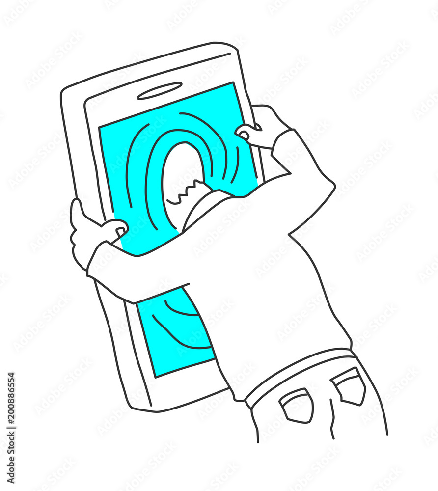 Line drawing of a man sticking his head in the mobile phone. Smart