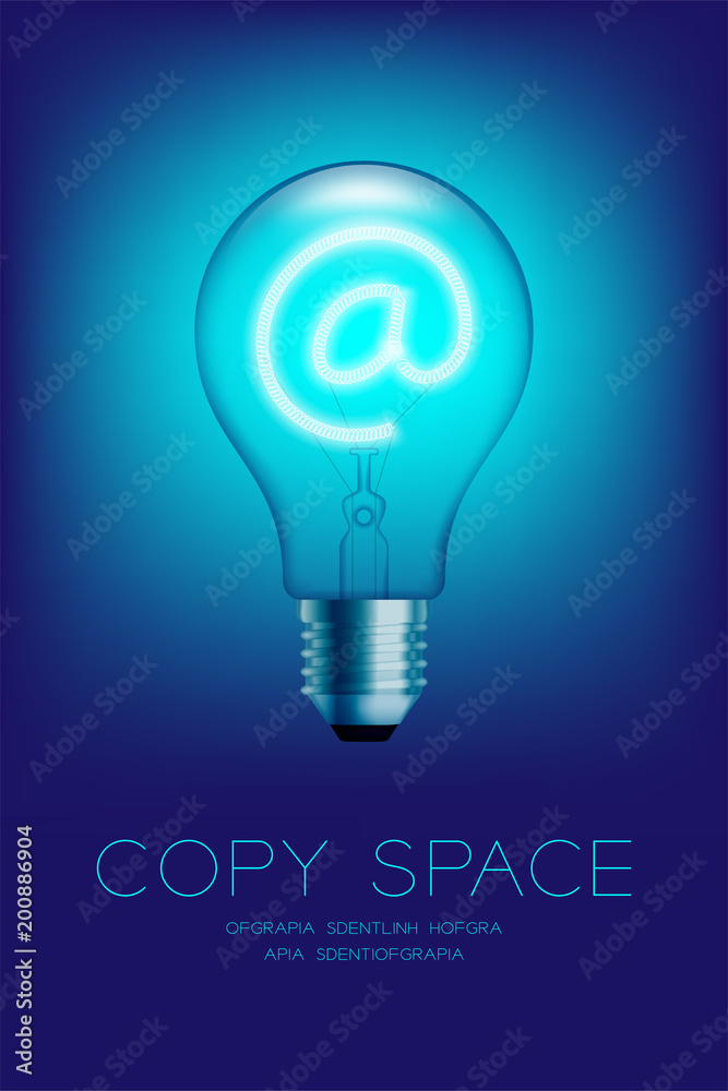 Incandescent light bulb switch on set At sign, Email concept design illustration isolated glow in blue gradient background Incandescent light bulb switch on set At sign, Email concept design illustration isolated glow in blue gradient background