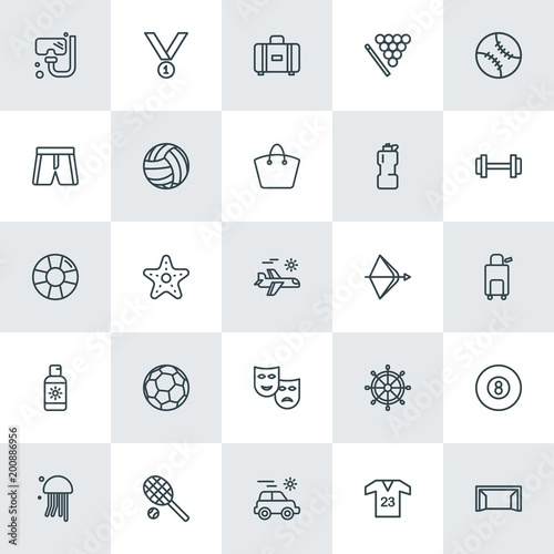 Modern Simple Set of sports, travel Vector outline Icons. ..Contains such Icons as tennis,  leisure,  vacation,  vector,  animal,  suitcase and more on white background. Fully Editable. Pixel Perfect.