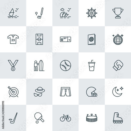Modern Simple Set of sports, travel Vector outline Icons. ..Contains such Icons as  field,  blue,  rink,  wave, windsurfing, ice,  ocean and more on white background. Fully Editable. Pixel Perfect.