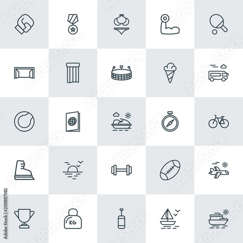 Modern Simple Set of sports, travel Vector outline Icons. ..Contains such Icons as aircraft, weight,  ring,  white,  steel,  championship and more on white background. Fully Editable. Pixel Perfect.