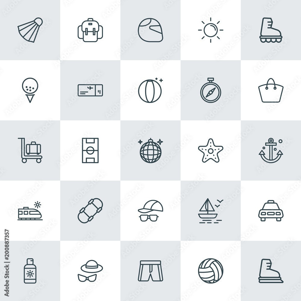 Modern Simple Set of sports, travel Vector outline Icons. ..Contains such Icons as  yacht,  cream,  backpack,  leisure,  sport,  helmet and more on white background. Fully Editable. Pixel Perfect.
