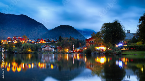 Grundlsee lake in Alps mountains. Night scene
