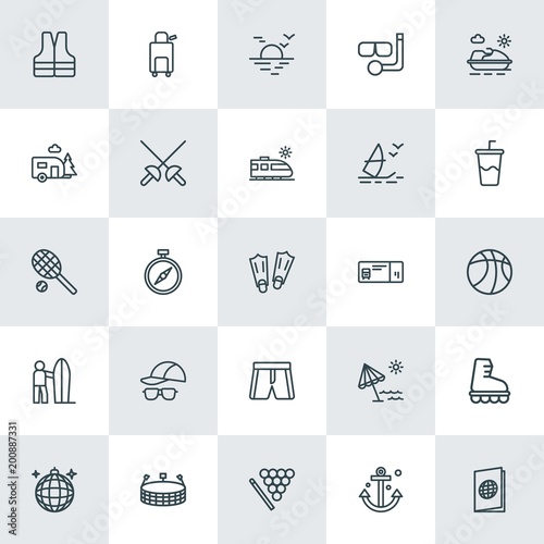 Modern Simple Set of sports, travel Vector outline Icons. ..Contains such Icons as  id,  summer,  vest, sport,  sea,  north,  water,  game and more on white background. Fully Editable. Pixel Perfect.