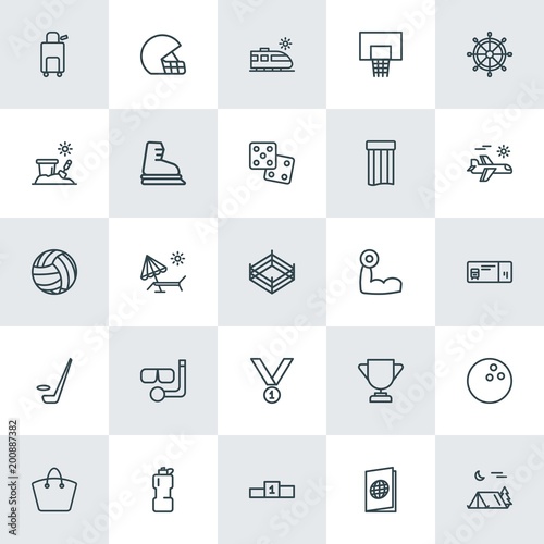 Modern Simple Set of sports, travel Vector outline Icons. ..Contains such Icons as  travel,  beach, speed,  luggage,  award,  transport and more on white background. Fully Editable. Pixel Perfect.