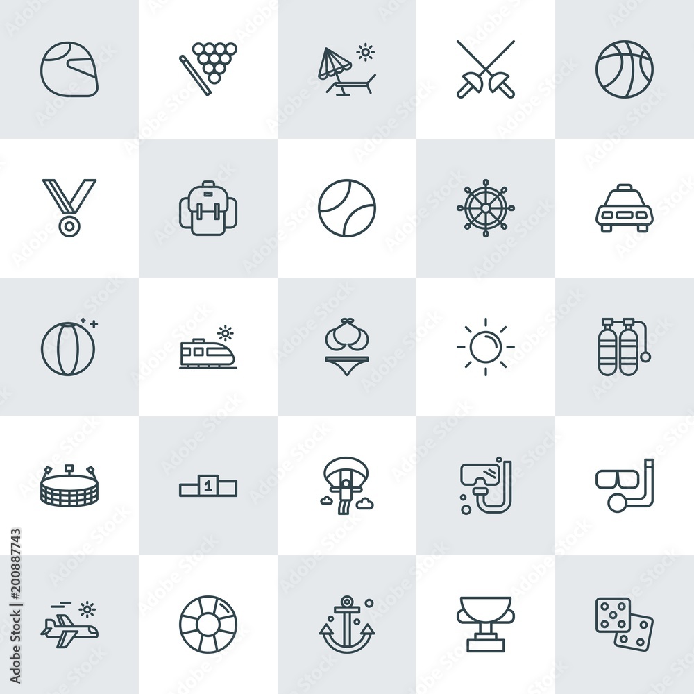 Modern Simple Set of sports, travel Vector outline Icons. ..Contains such Icons as  vector, beach,  helmet,  cue,  equipment,  travel,  cup and more on white background. Fully Editable. Pixel Perfect.