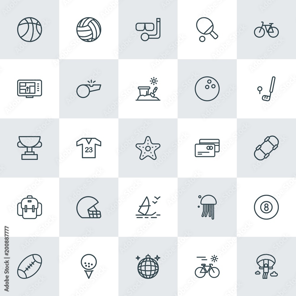 Modern Simple Set of sports, travel Vector outline Icons. ..Contains such Icons as  style, bike,  scuba,  race,  ball,  play,  snorkel and more on white background. Fully Editable. Pixel Perfect.