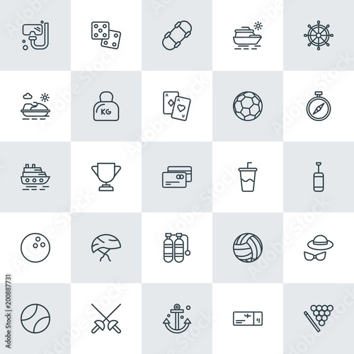 Modern Simple Set of sports, travel Vector outline Icons. ..Contains such Icons as travel, holiday, play, mask, gambling, competition and more on white background. Fully Editable. Pixel Perfect.