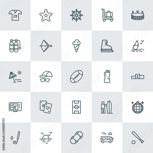 Modern Simple Set of sports, travel Vector outline Icons. ..Contains such Icons as skateboarding,  shirt, luggage,  old,  club,  ocean, bus and more on white background. Fully Editable. Pixel Perfect.