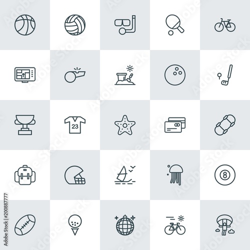 Modern Simple Set of sports, travel Vector outline Icons. ..Contains such Icons as  style, bike,  scuba,  race,  ball,  play,  snorkel and more on white background. Fully Editable. Pixel Perfect.