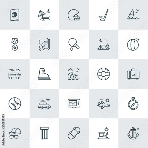 Modern Simple Set of sports, travel Vector outline Icons. ..Contains such Icons as  fashion,  summer,  skating,  tourism, compass,  bucket and more on white background. Fully Editable. Pixel Perfect.