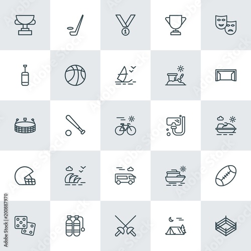 Modern Simple Set of sports, travel Vector outline Icons. ..Contains such Icons as  ragby,  luxury,  gambling,  risk,  camp,  stadium,  cup and more on white background. Fully Editable. Pixel Perfect.