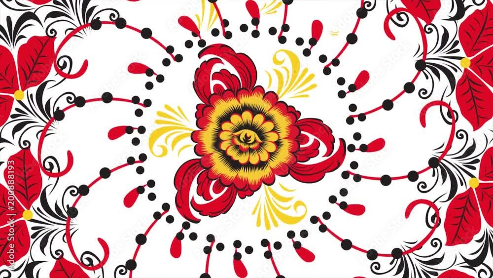 Khokhloma. Abstract fractal transformation background. Loopable. Painting Khokhloma Russia of bright red flowers and berries on black and gold background. Abstract background of red polygons