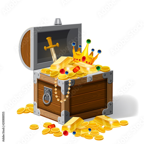 Old pirate chest full of treasures, gold coins, ingots, jewelry, crown, dagger, vector, cartoon style, illustration, isolated. For games, advertising applications
