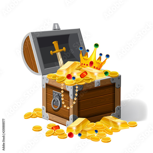 Old pirate chest full of treasures, gold coins, ingots, jewelry, crown, dagger, vector, cartoon style, illustration, isolated. For games, advertising applications
