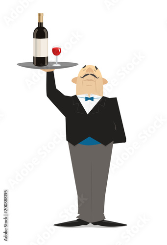 A waiter with a bottle of wine, a sommelier in a restaurant. Cartoon, retro