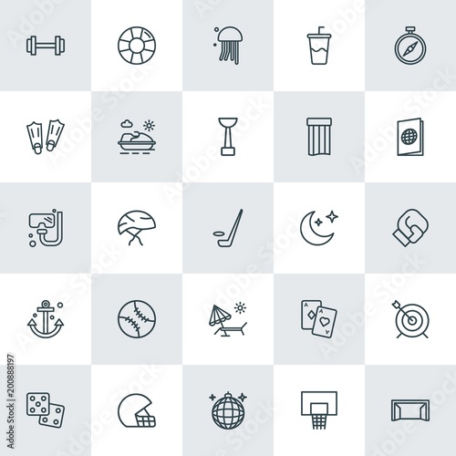 Modern Simple Set of sports, travel Vector outline Icons. ..Contains such Icons as  chance,  helmet, target, soda,  competition, jellyfish and more on white background. Fully Editable. Pixel Perfect.