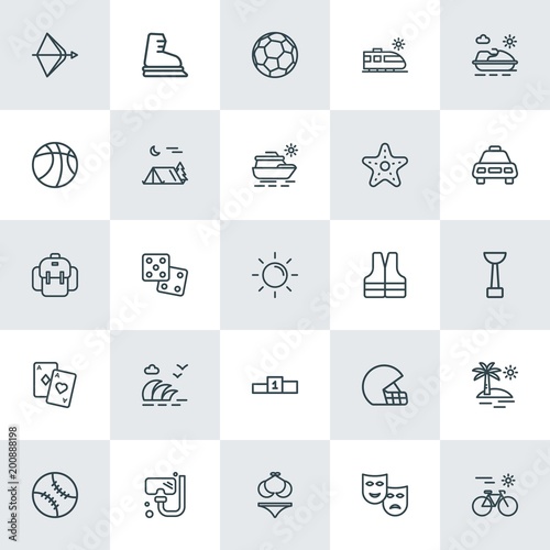 Modern Simple Set of sports, travel Vector outline Icons. ..Contains such Icons as bike, leisure, nature, scuba, winter, league, team and more on white background. Fully Editable. Pixel Perfect.