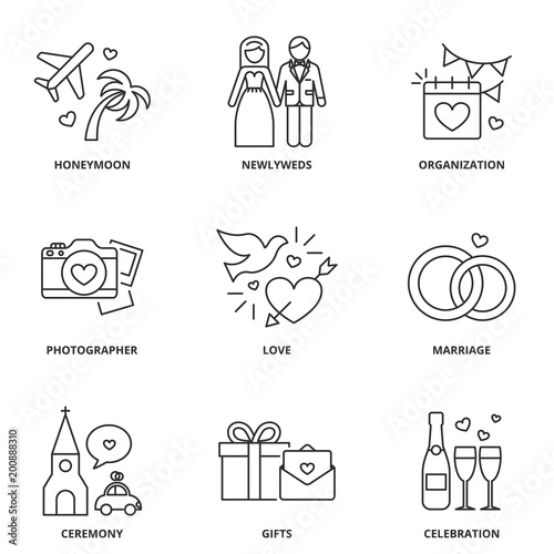 Wedding icons set: honeymoon, newlyweds, organization, photographer, love, marriage, ceremony, gifts, celebration