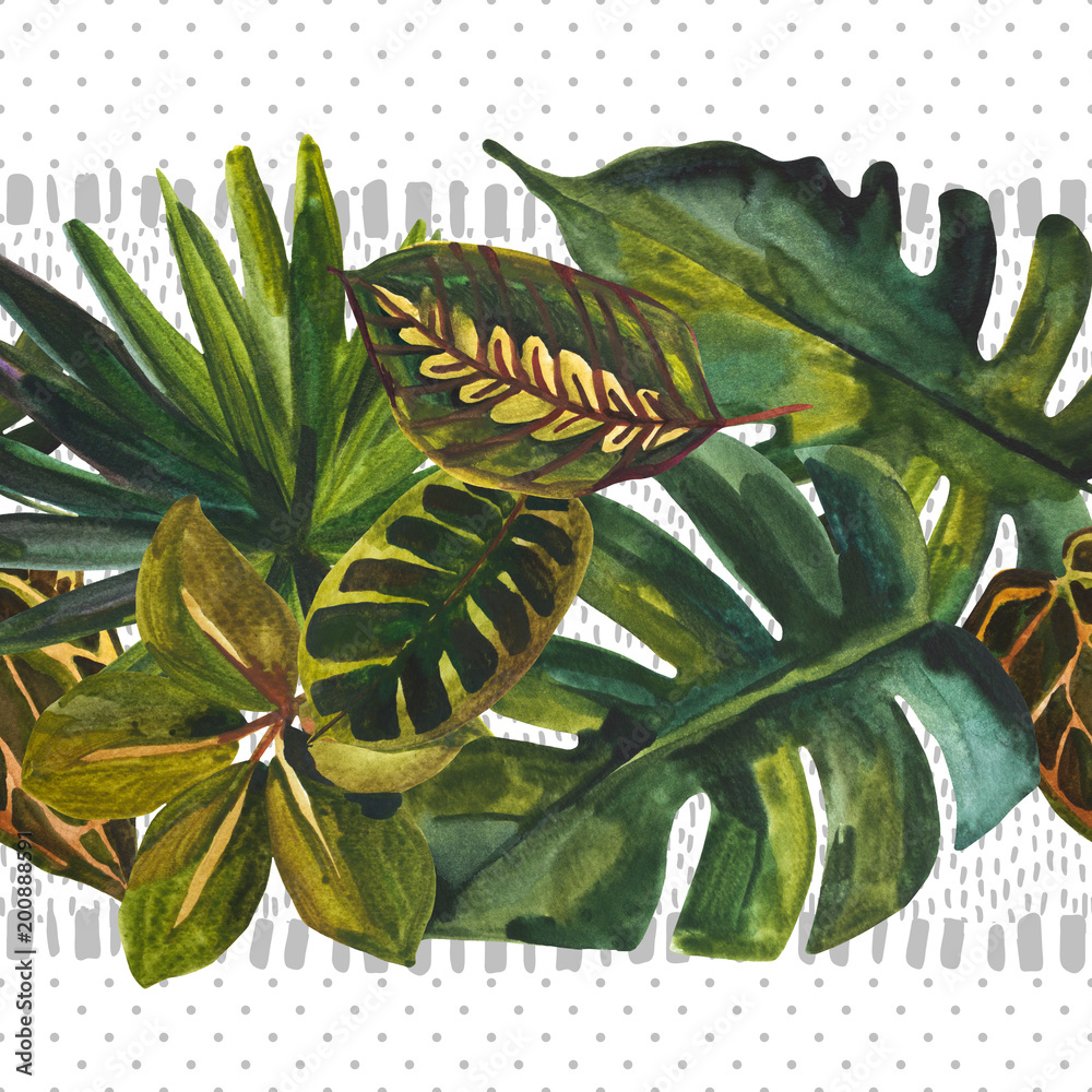 Obraz premium Unusual leaves on black background with polka dot, scrabble, strokes. Horizontal orientated