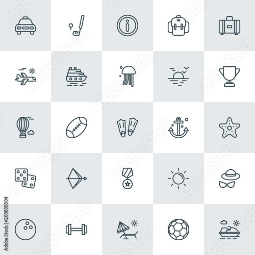 Modern Simple Set of sports, travel Vector outline Icons. ..Contains such Icons as  isolated,  summer,  bowling,  white,  ragby,  dumbbell and more on white background. Fully Editable. Pixel Perfect.