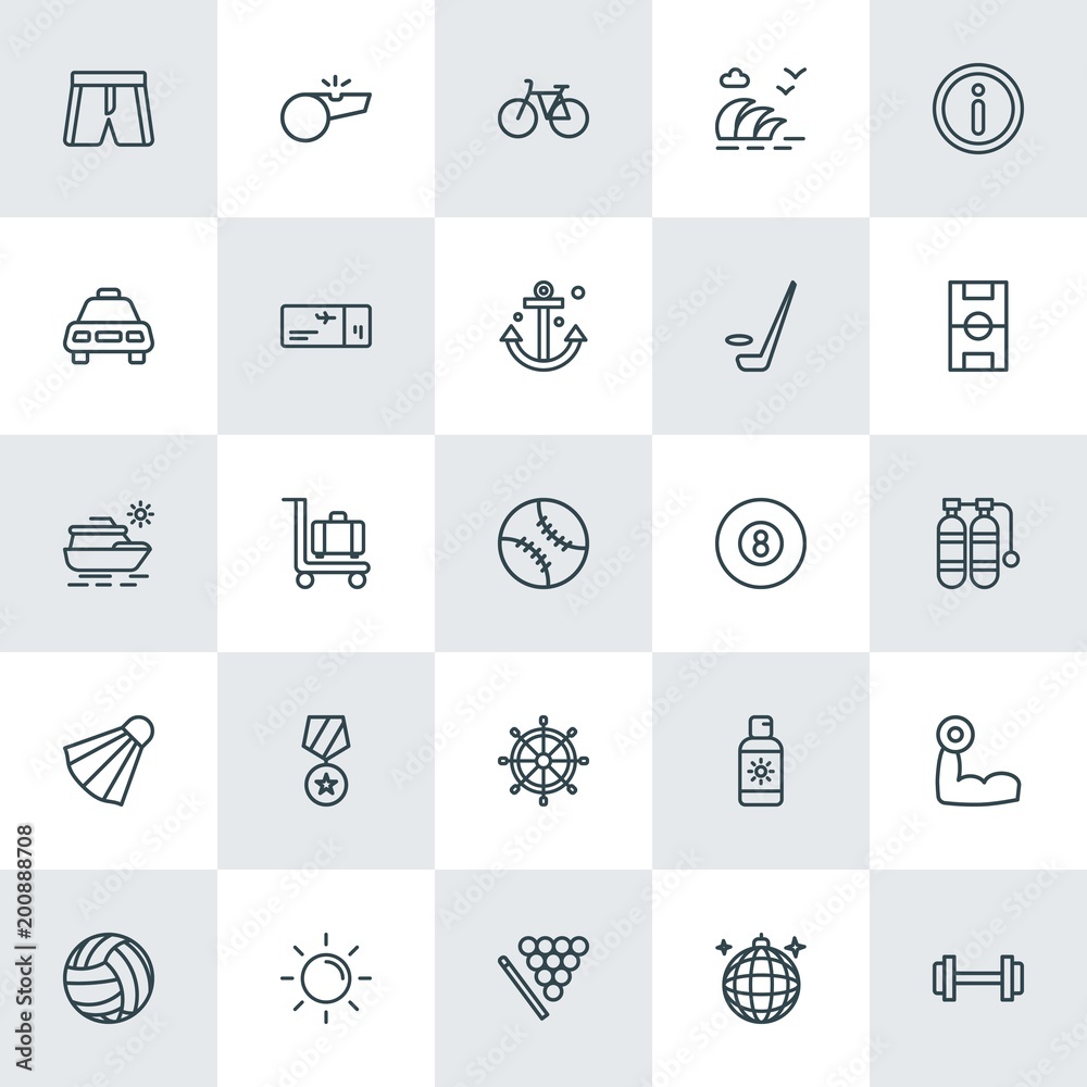 Modern Simple Set of sports, travel Vector outline Icons. ..Contains such Icons as  body, shorts, summer,  fashion,  sunlight, fitness, sun and more on white background. Fully Editable. Pixel Perfect.