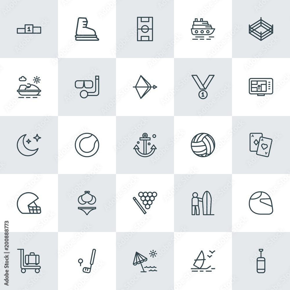 Modern Simple Set of sports, travel Vector outline Icons. ..Contains such Icons as  beach,  vacation,  skating,  surfing,  ice,  bike,  fun and more on white background. Fully Editable. Pixel Perfect.