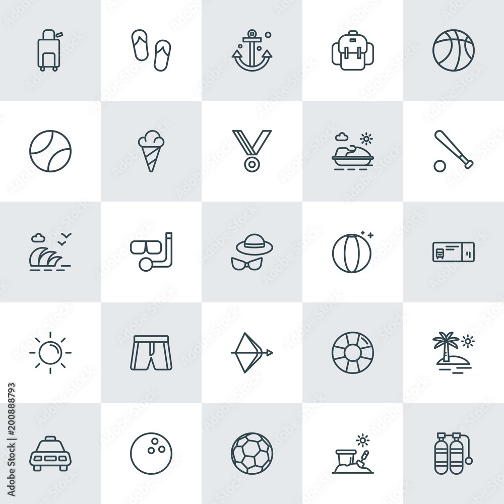 Modern Simple Set of sports, travel Vector outline Icons. ..Contains such Icons as  yellow,  shoes,  snorkel,  circle, sand, fashion,  save and more on white background. Fully Editable. Pixel Perfect.