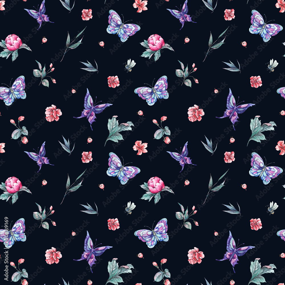 Watercolor seamless pattern buds and butterflies Watercolor seamless pattern buds and butterflies