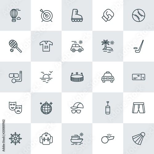 Modern Simple Set of sports, travel Vector outline Icons. ..Contains such Icons as  luxury,  sunrise, sunset,  nautical,  nature,  vacation and more on white background. Fully Editable. Pixel Perfect.