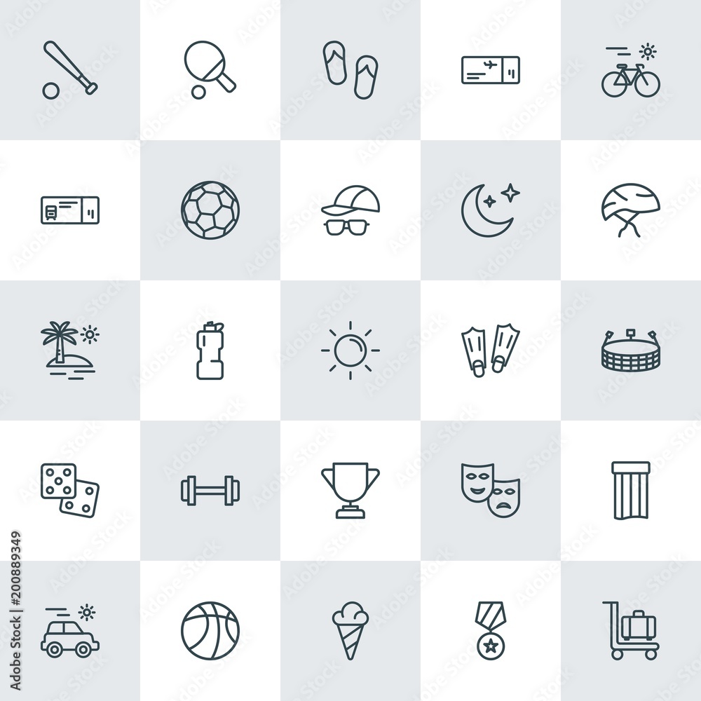 Fototapeta premium Modern Simple Set of sports, travel Vector outline Icons. ..Contains such Icons as game, style, luggage, drink, award, summer, bottle and more on white background. Fully Editable. Pixel Perfect.