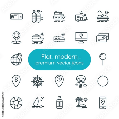 Modern Simple Set of location, travel Vector outline Icons. ..Contains such Icons as  adventure,  rescue,  arrow, scuba,  sky,  railway, sea and more on white background. Fully Editable. Pixel Perfect