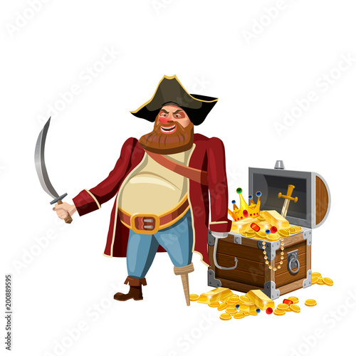 Old pirate with one leg and hook and saber, guards treasure chest, vector, isolated, cartoon style