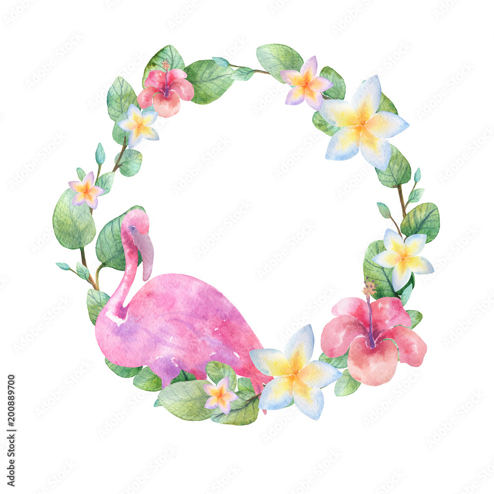 Obraz premium Watercolor hand painted round frame with silver dollar eucalyptus and flamingo.