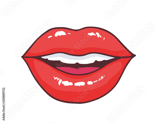 Slightly ajar mouth with bright red glossy lips isolated on white background