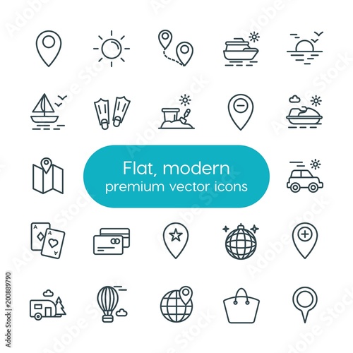 Modern Simple Set of location, travel Vector outline Icons. ..Contains such Icons as  disco,  route, yacht,  road, balloon,  nature,  air and more on white background. Fully Editable. Pixel Perfect