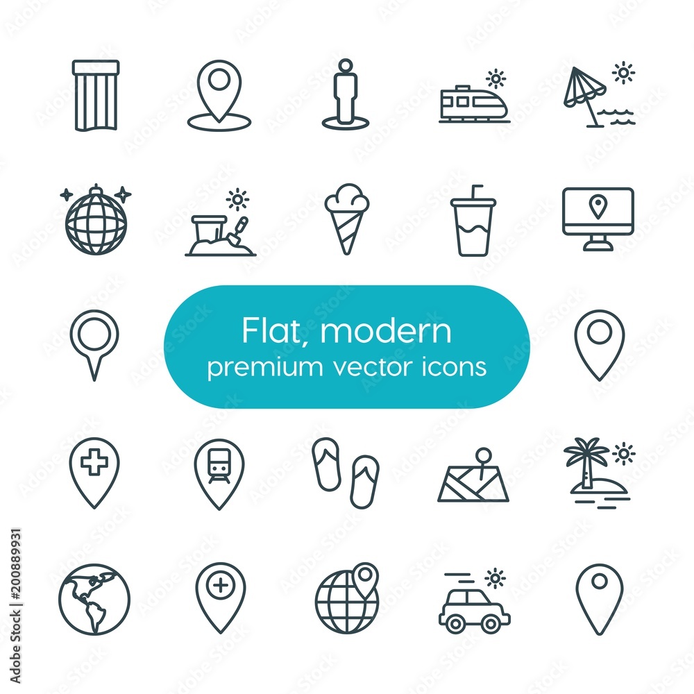 Modern Simple Set of location, travel Vector outline Icons. ..Contains such Icons as  club,  railway, beach, umbrella,  world,  towel,  food and more on white background. Fully Editable. Pixel Perfect