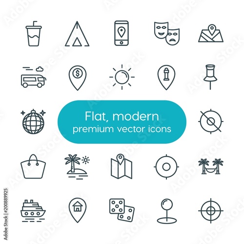 Modern Simple Set of location, travel Vector outline Icons. ..Contains such Icons as  phone,  marketing, route, target, sea,  technology and more on white background. Fully Editable. Pixel Perfect