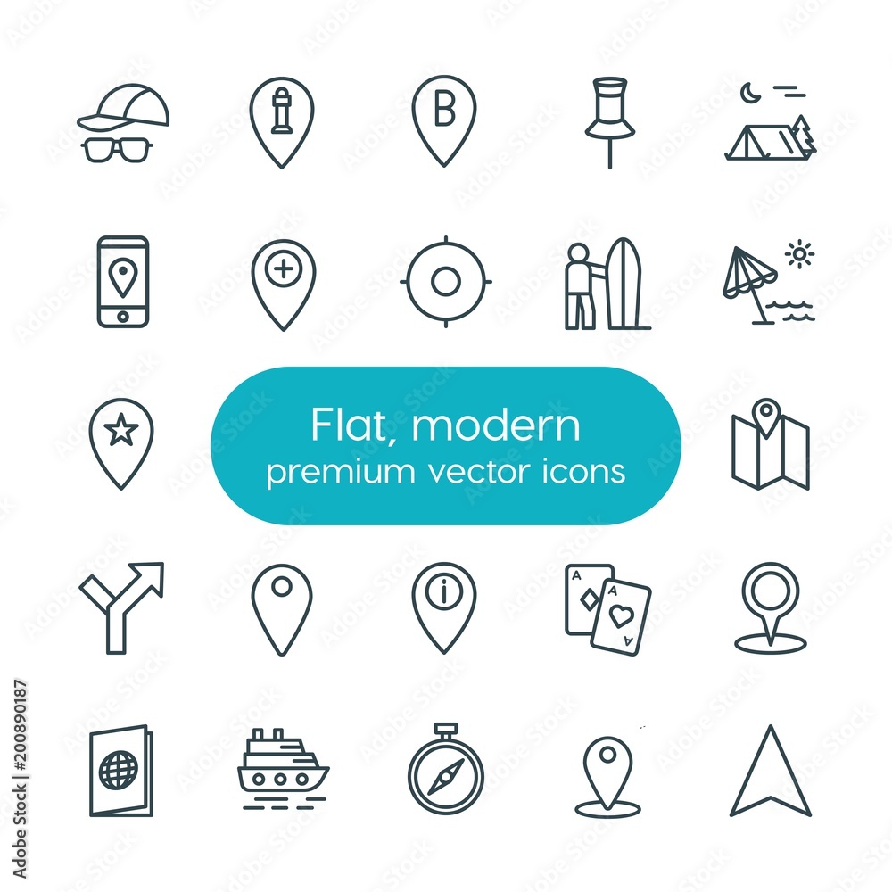 Modern Simple Set of location, travel Vector outline Icons. ..Contains such Icons as  document, location,  sign, map,  nature,  cruise,  pin and more on white background. Fully Editable. Pixel Perfect
