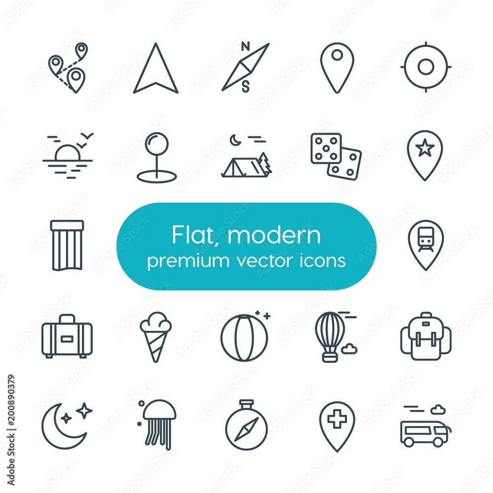 Modern Simple Set of location, travel Vector outline Icons. ..Contains such Icons as  vector,  direction,  hot,  travel,  icon,  backpack and more on white background. Fully Editable. Pixel Perfect