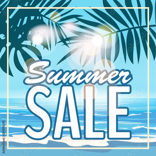 Sale summer banner, poster with tropical leaves, jungle leaf. Sea tropical summer background. Vector illustration EPS10