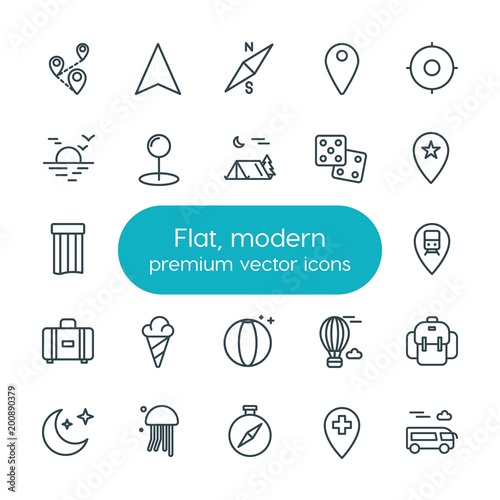 Modern Simple Set of location, travel Vector outline Icons. ..Contains such Icons as vector, direction, hot, travel, icon, backpack and more on white background. Fully Editable. Pixel Perfect