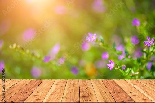 Wooden table on and blur nature  green tree and purple flower during sunset light background for spring or summer concept.