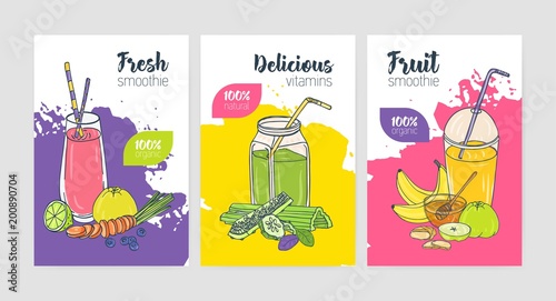 Collection of bright colored flyer or poster templates with refreshing cold drinks and smoothies made of exotic tropical fruits and vegetables. Colorful vector illustration for beverage advertisement.
