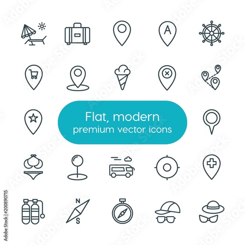 Modern Simple Set of location, travel Vector outline Icons. ..Contains such Icons as beach, accessories, fun, marketing, map, ship, map and more on white background. Fully Editable. Pixel Perfect