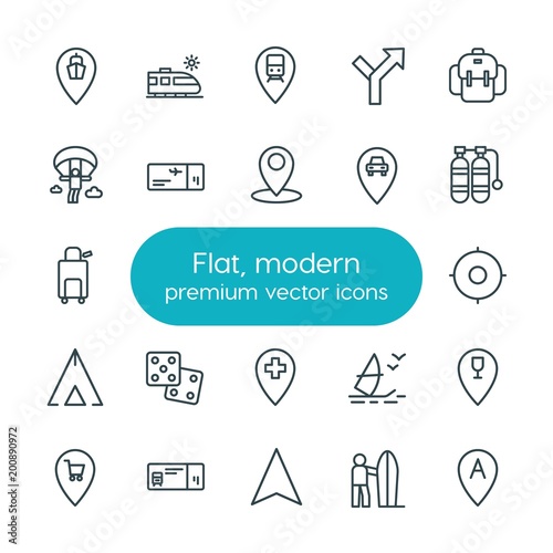 Modern Simple Set of location, travel Vector outline Icons. ..Contains such Icons as water, harbor, sky, location, action, restaurant and more on white background. Fully Editable. Pixel Perfect