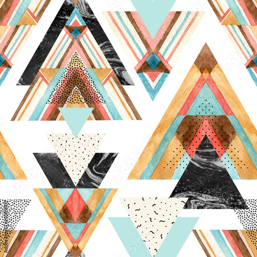 Triangles with aztec ornament, watercolor, doodle, black marble textures.