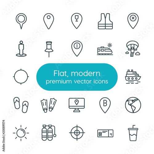 Modern Simple Set of location, travel Vector outline Icons. ..Contains such Icons as  water,  sign,  travel,  vacation,  design,  cola, soda and more on white background. Fully Editable. Pixel Perfect