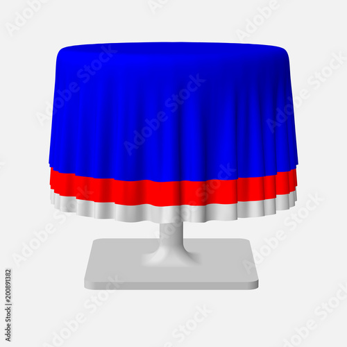 Isolated Blank Round Table with Tablecloth in Red and White and Blue Colors